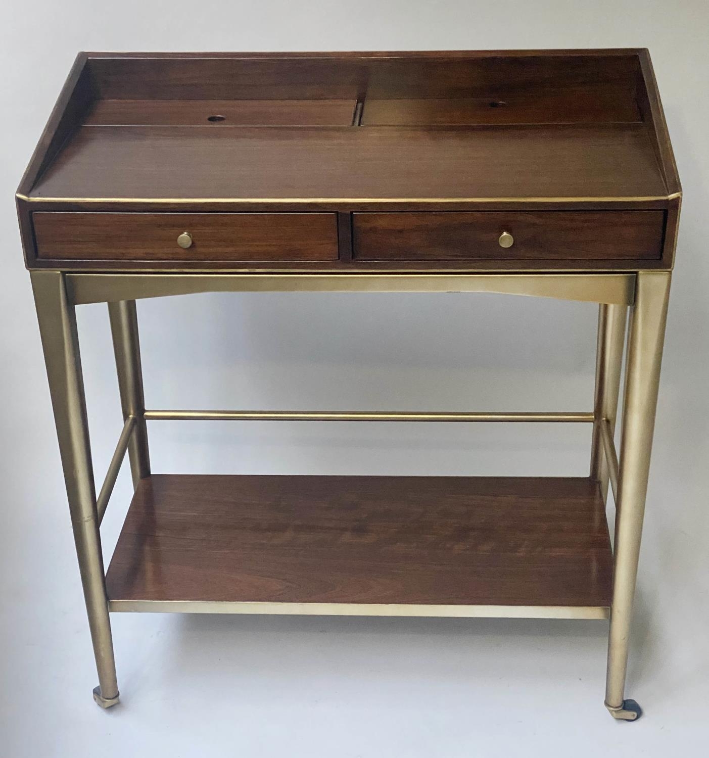 STARBAY WRITING TABLE, 80cm W x 40cm D x 90cm H, American, walnut and brass bound, with two drawers,