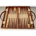 BACKGAMMON SET, 7cm x 23cm x 40cm, leathered finish.