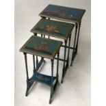 NEST OF TABLES, a nest of three early 20th century blue lacquered and gilt Chinoiserie decorated,