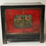 CHINESE SIDE CABINET, 90cm W x 57cm D x 84cm H, 19th century, with two scarlet lacquered doors,