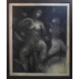 SUHAS ROY (Bangladeshi b.1926) 'Nymphs in a Pond', charcoal drawing on canvas, signed and dated 2001