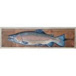 CLIVE FREDRICKSON 'Salmon', oil on wooden panel, signed, 34cm x 116cm.