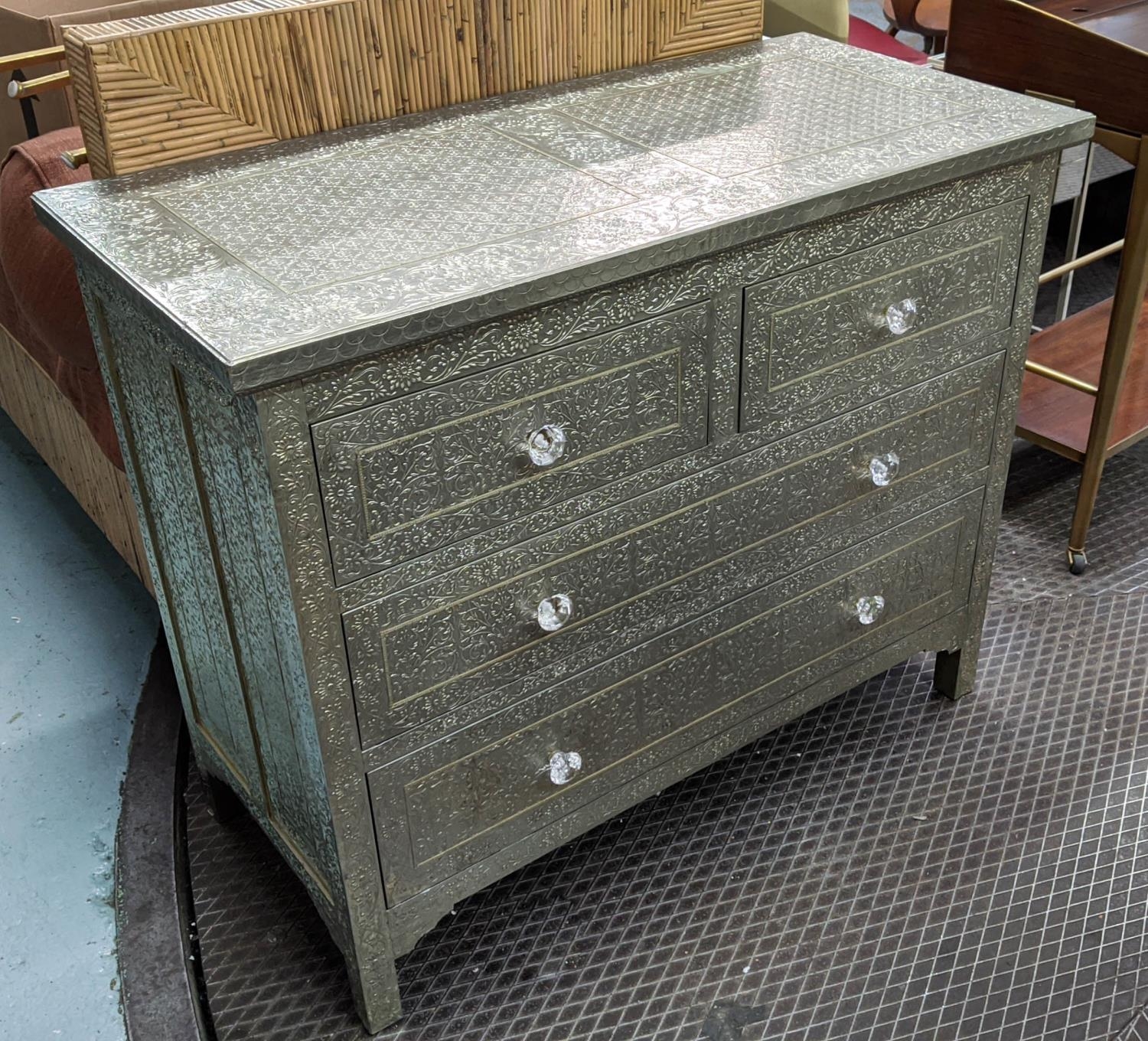 GRAHAM & GREEN EMBOSSED WHITE METAL CHEST OF DRAWERS, 107cm x 50cm x 87cm. - Image 2 of 5