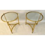 MAISON BAGUES STYLE SIDE TABLES, a pair, 45cm x 43cm diam, gilt metal, glass tops (2).