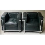 AFTER LE CORBUSIER LC2 STYLE ARMCHAIRS, a pair, 95cm W, in deep green leather. (2)