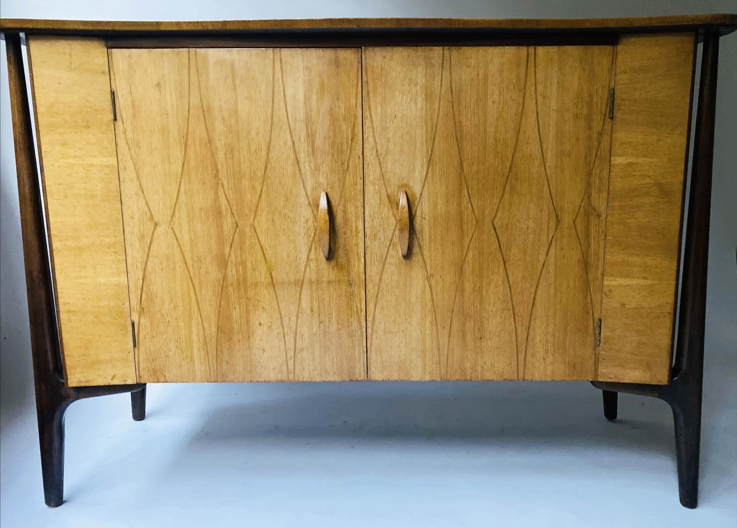 EVEREST SIDEBOARD, 138cm W x 53cm D x 96cm H, 1950's walnut, with two helix inlaid doors, maple