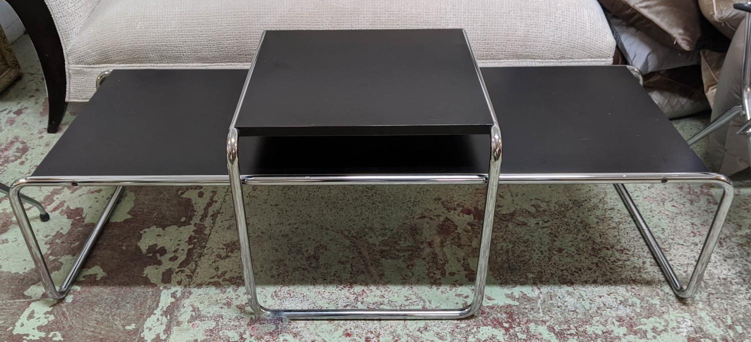 AFTER MARREL BREUER LACIO STYLE TABLES, 135cm x 38cm x 35cm at largest. (2)