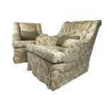 ARMCHAIRS, a pair, Howard style with dandelion and strawberry print linen loose covers, 85cm H x