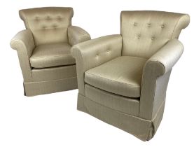 ARMCHAIRS, a pair, contemporary buttoned woven upholstery, 85cm H x 80cm x 80cm. (2)