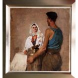 ATTRIBUTED TO NADEZHDA KALEGINA 'Diary Farmer', oil on canvas laid on board, 46cm x 46cm, framed.