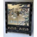 SIDE CABINET, Japanese lacquered with gilt silver incised traditional scenes with two doors and