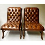 LIBRARY ARMCHAIRS, a pair, 55cm W, Regency style mahogany, with studded and deep buttoned natural