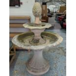 ARCHITECTURAL GARDEN FOUNTAIN, 155cm H x 115cm diam. approx., faux stone, weathered, with