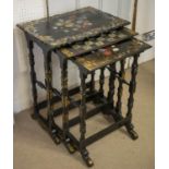 NEST OF THREE TABLES, largest 72cm H x 58cm x 40cm, Victorian black Japanned, painted, mother of