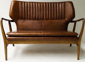 SOFA, 1970's Danish style, oak framed and ribbed natural leather, 115cm W.