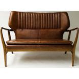 SOFA, 1970's Danish style, oak framed and ribbed natural leather, 115cm W.