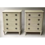 BEDSIDE CHESTS, a pair French style grey painted each with four drawers and silvered mounts 50cm W x