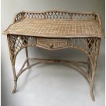 WRITING/HALL TABLE, vintage rattan framed and cane woven, serpentine with drawer and gallery,