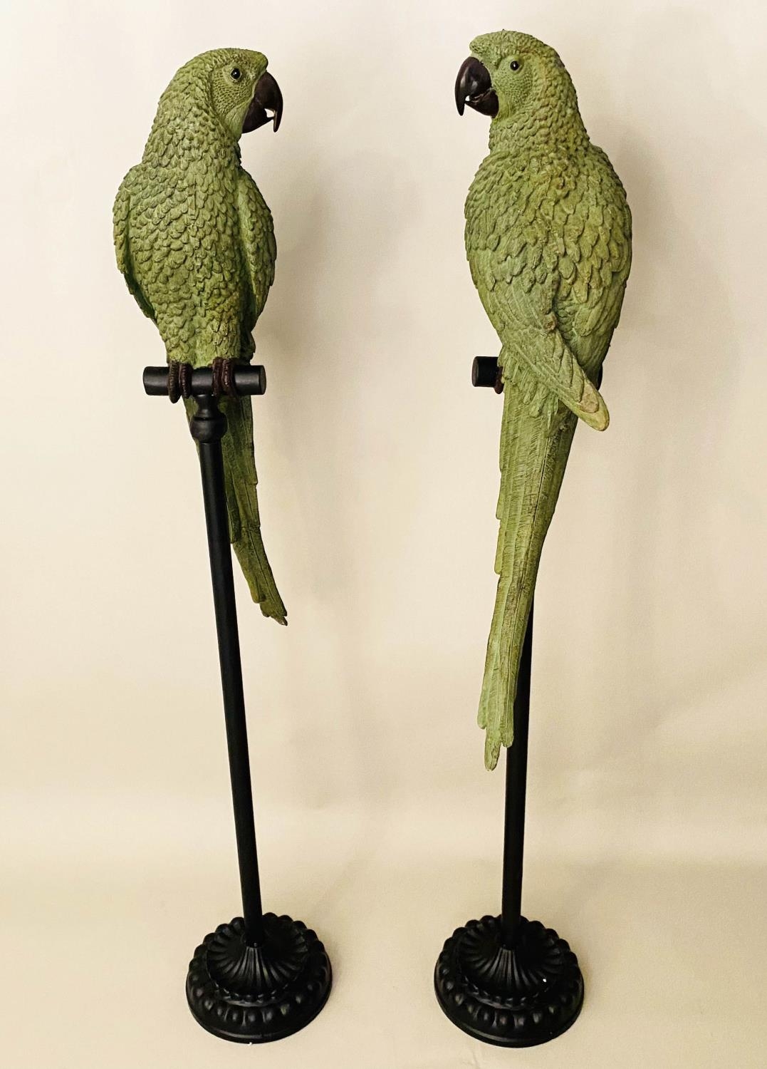 SCULPTURAL PARROTS ON STANDS, a pair, polychrome finish, 166cm H. (2)