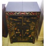 CHINESE SIDE CABINET, 82cm x 126cm H x 56cm, black lacquered, red and gold Chinoiserie decorated