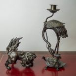 JAPANESE BRONZE FU DOG, Tatsuo (1912-1926), along with a Japanese candle cast bronze group of a