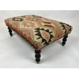 KILIM FOOTSTOOL, George Smith style studded kilim upholstered with turned supports, 34cm H x 95cm