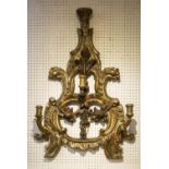 WALL LIGHT, 66cm x 99cm H, 17th century Italian silvered wood with three sconces.