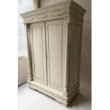 ARMOIRE, French Empire style grey painted with two panelled doors enclosing hanging space flanked by