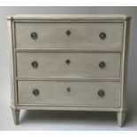 GUSTAVIAN STYLE COMMODE, 92cm W x 45cm D x 87cm H, traditionally grey painted and fluted corners,