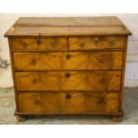 CHEST, 82cm H x 95cm W x 54cm D Queen Anne Walnut, circa 1710, with five drawers on later bun feet