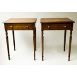 LAMP TABLES, a pair, George III design burr elm and crossbanded each with frieze drawer, 58cm x 47cm