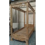 FOUR POSTER SINGLE BED FRAME, 105cm W, carved wood.