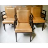 DINING ARMCHAIRS, a set of eight, piped light tan leather with square section tapering supports,