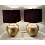 TABLE LAMPS, a pair, gilt metal, black shades, 64cm H. (2)