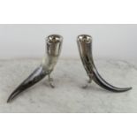 DRINKING OX HORN CUPS, a pair, 28cm H, pewter mounts by Edward Blyde. Sheffield, traditional