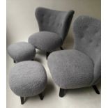 AFTER VIGGO BOESEN LITTLE PETRA STYLE ARMCHAIRS, a pair, 80cm W, with matching stools. (4)