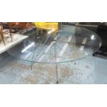 DINING TABLE, 180cm diam x 73cm H with circular glass top on a metal base.