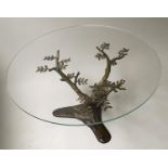 LOW TABLE, circular glass on bonsai tree form bronze base, 94cm x 47cm H.