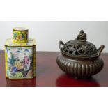 TEA CADDY, 15cm H x 9cm W, early 20th century Canton enamel, yellow ground decorated with