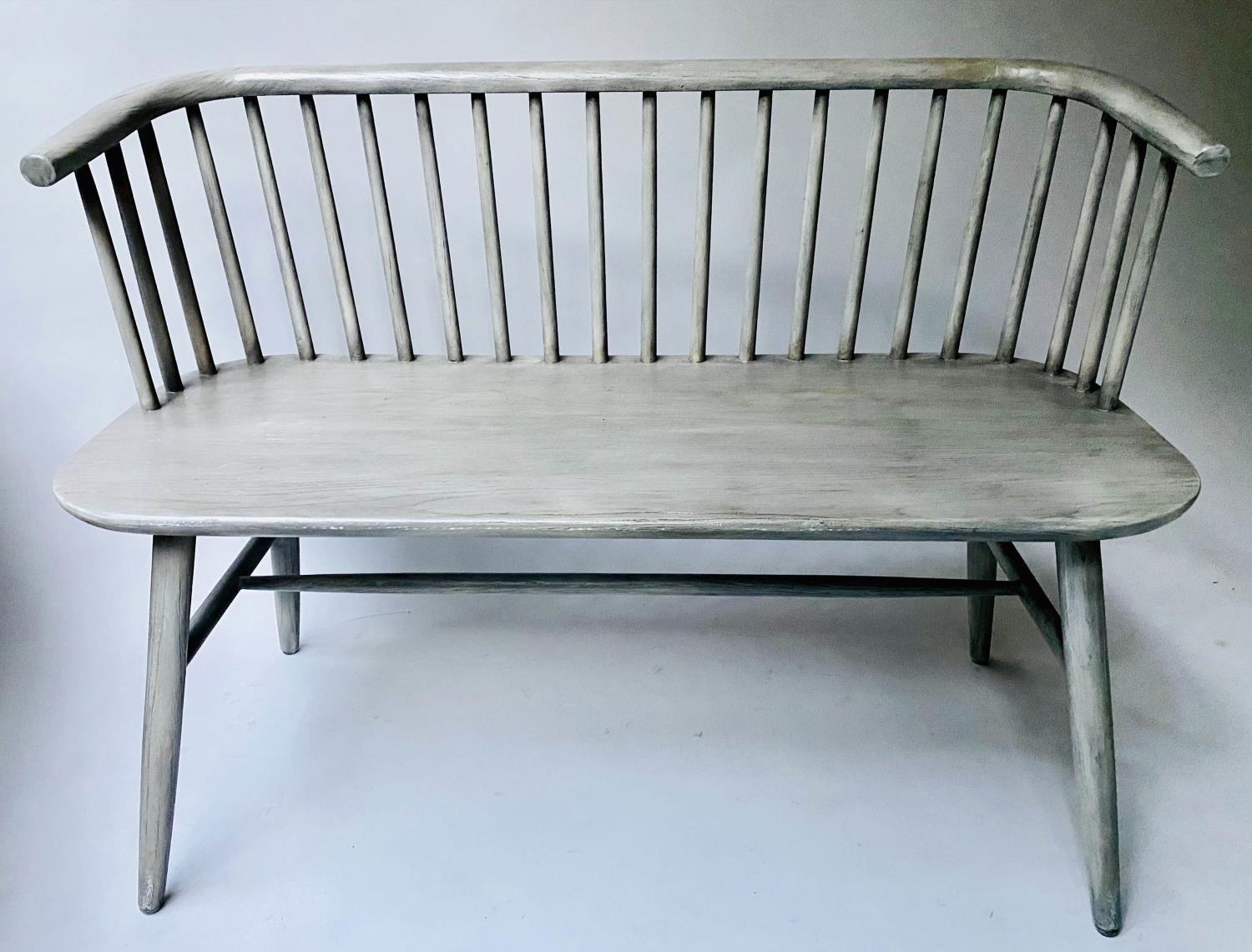 BANKSY BENCH, 108cm W, grey washed, enclosing rail back.