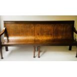 WAITING ROOM BENCH, 221cm W, late 19th century railway, mahogany, with pierced fruitwood bentwood