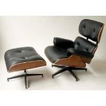 LOUNGER ARMCHAIR, after Charles and Ray Eames, buttoned black leather, with stool 86cm W.