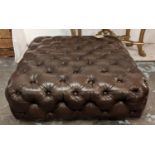 HEARTH STOOL, buttoned brown leather, 40cm H x 105cm W x 105cm D.