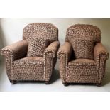 ARMCHAIRS, a pair, Art Deco mushroom brown violet cut velvet with canted back and arms, 87cm W. (2)