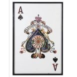 THE ACE OF SPADES, contemporary school decoupage, framed and glazed, 45cm x 100cm.