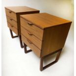 BEDSIDE CHESTS, a pair, 50cm W x 45cm D x 70cm H, 1970's figured walnut, each with three drawers, by