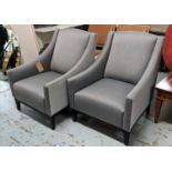 ARMCHAIRS, a pair, 74cm x 84cm x 92xm, contemporary grey fabric upholstery