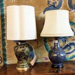 SIDE LAMPS, two, one blue and gilt Chinese 77cm H including shade, the other 78cm H including shade.