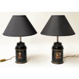 TOLEWARE TABLE LAMPS, a pair, early 20th century gilt lettered toleware tea canisters converted to