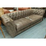 CHESTERFIELD SOFA, 246cm x 75cm H x 100cm with leather upholstery. (a few marks)